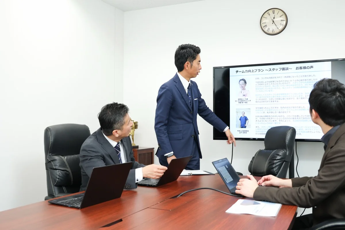 壁掛けモニタで事例を示しながら経営会議を進めるコンサルタント